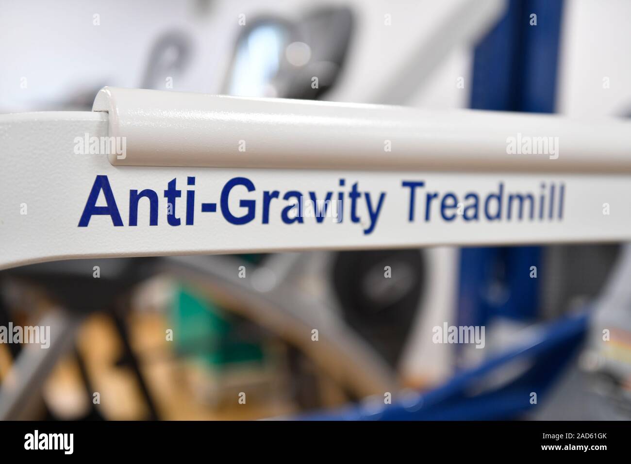 Anti-gravity treadmill. This treadmill is designed to take the weight off a patient undergoing rehabilitation therapy for injuries to the lower limbs. Stock Photo