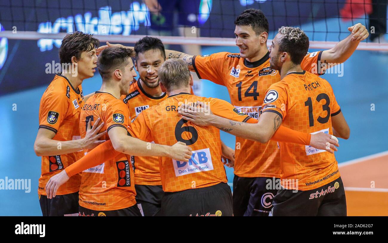 Berlin, Germany. 03rd Dec, 2019. Volleyball, Men: Champions League, Berlin  Volleys - ACH Volley Ljubljana, 4th round, Group B, 1st matchday,  Max-Schmeling-Halle. BR Volleys Jeffrey Jendryk (l-r), Moritz Reichert,  Samuel Tuia, Sergey