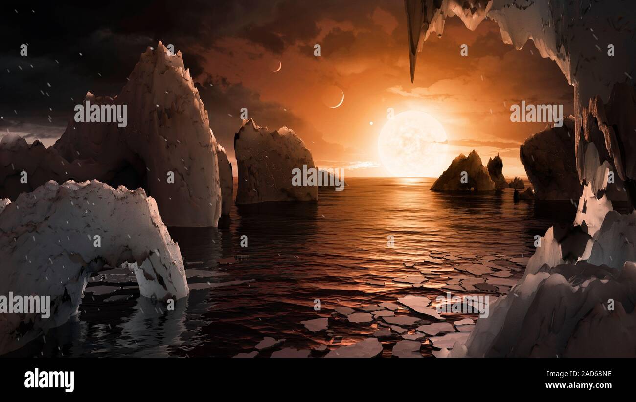 Surface of TRAPPIST-1f exoplanet. Illustration of a view from the ...