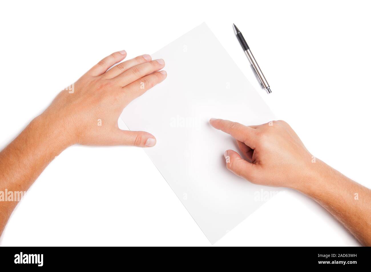 Close-up man hands pointing on white blank Stock Photo