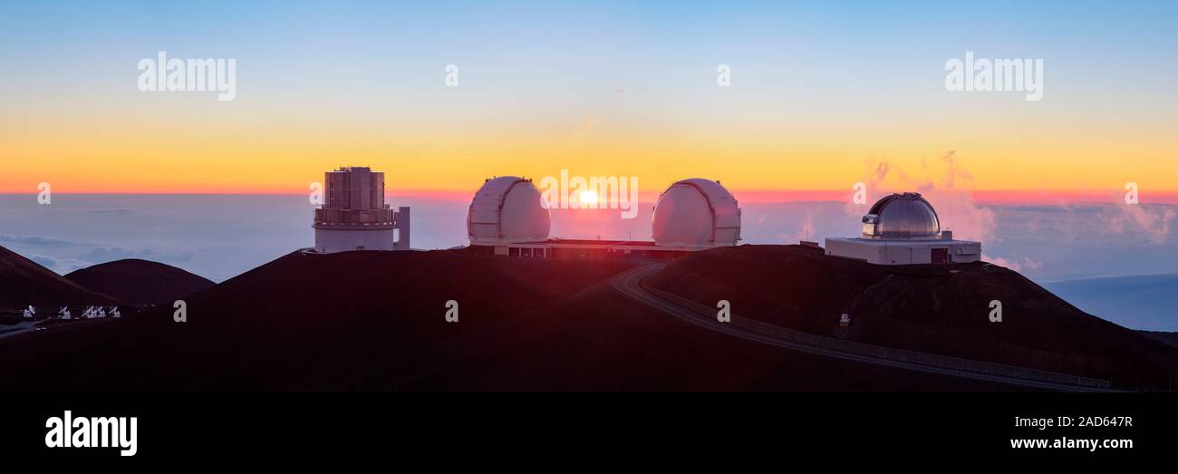 Mauna Kea observatory. Panoramic view of Subaru and the twin Keck telescopes of the Mauna Kea