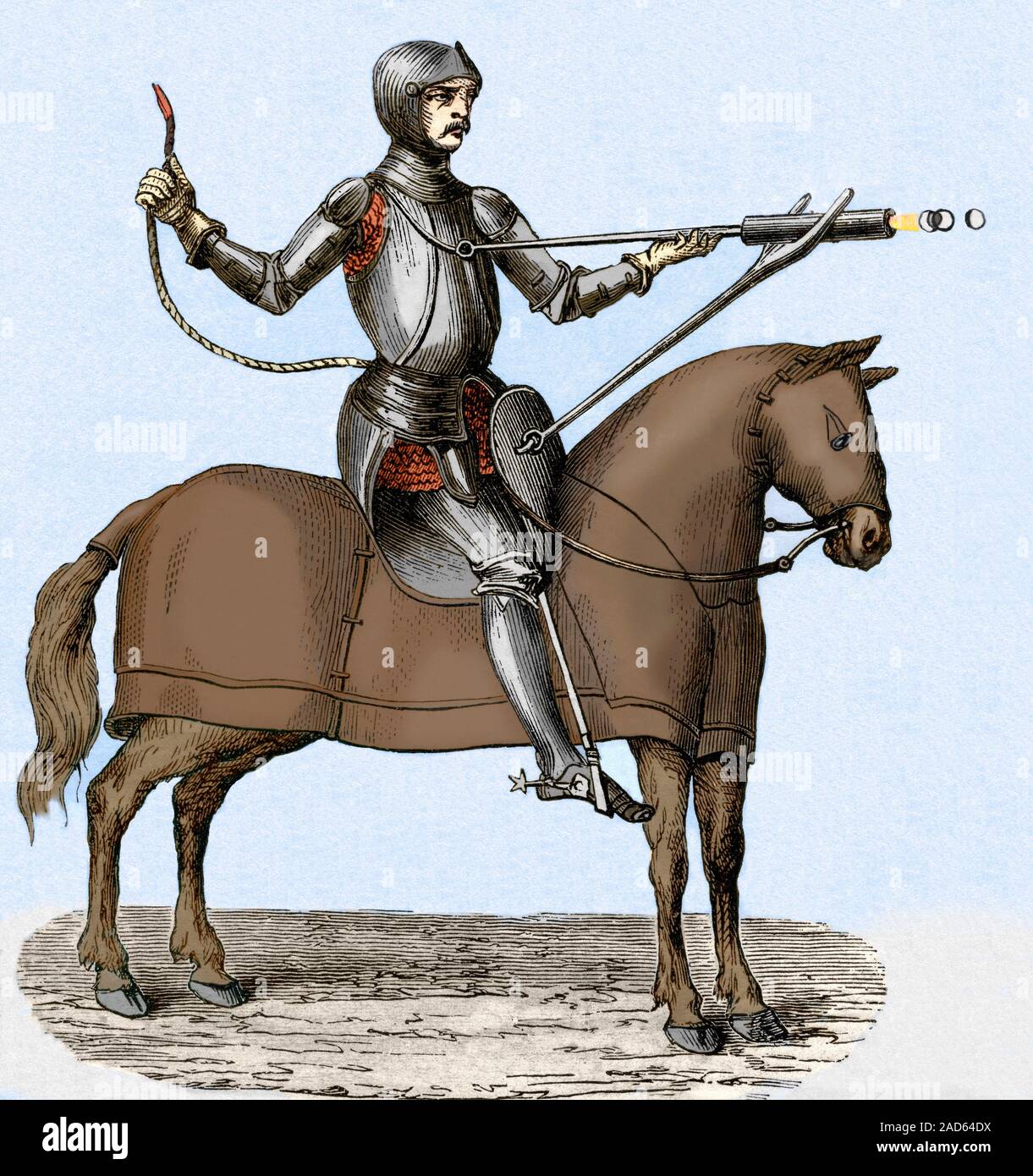 Fifteenth century illustration of a mounted soldier firing a hand