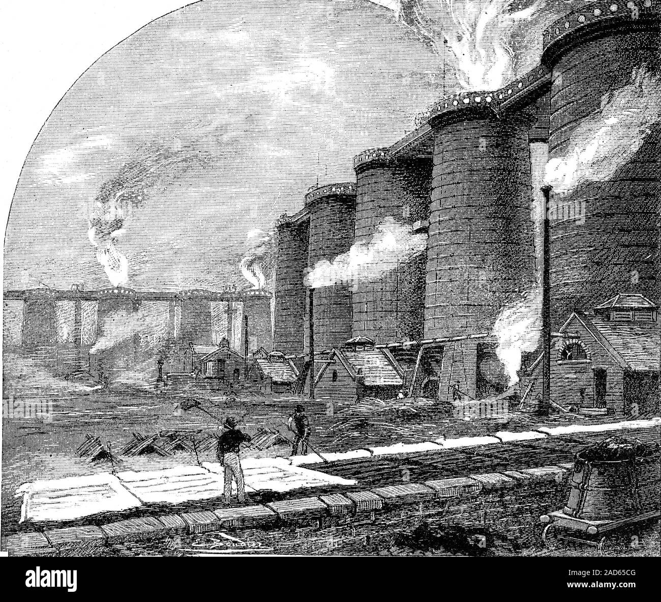 19th Century blast furnaces. 1886 illustration of blast furnaces in