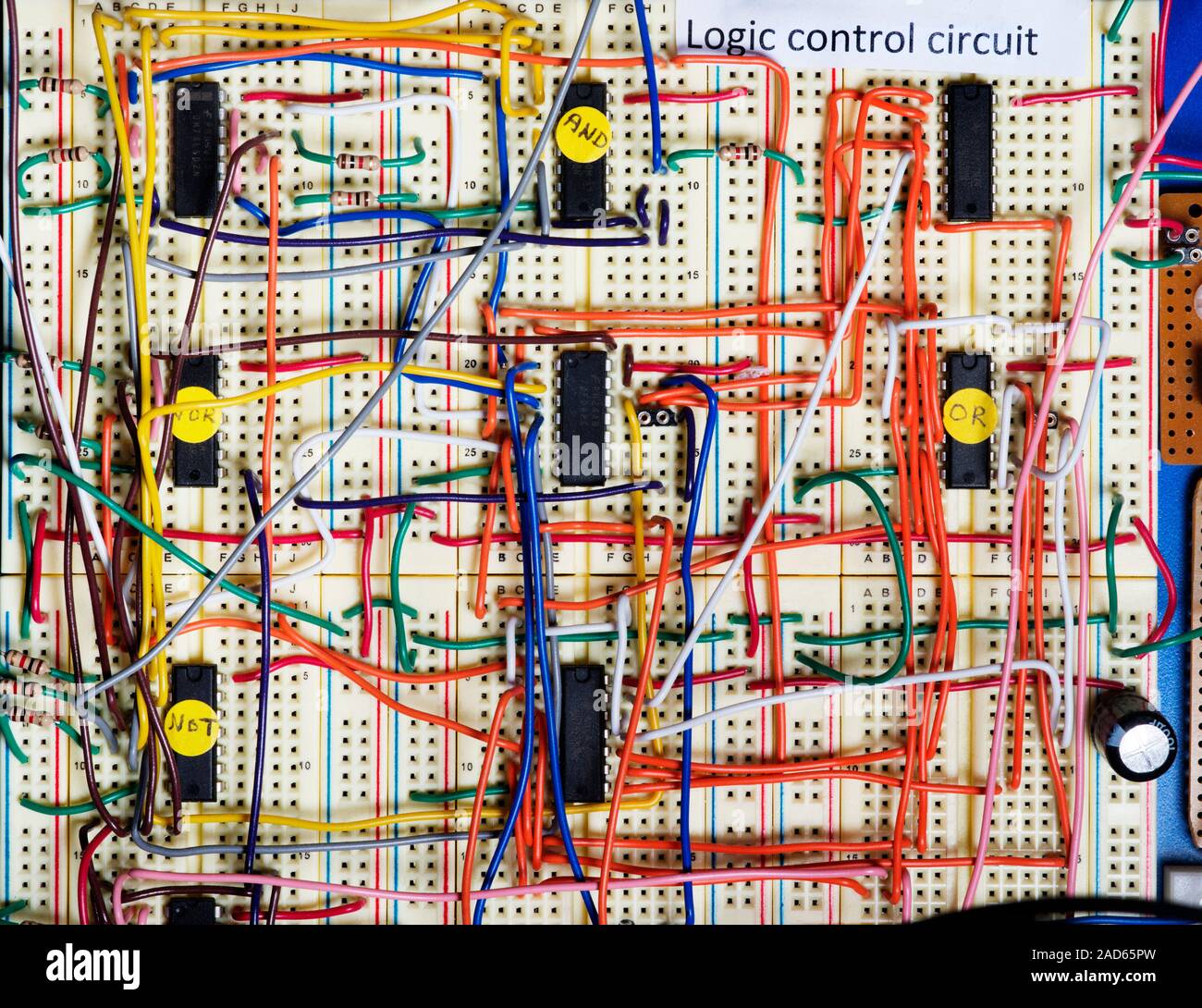 Logic control circuit. Circuit board wired with logic gates and other