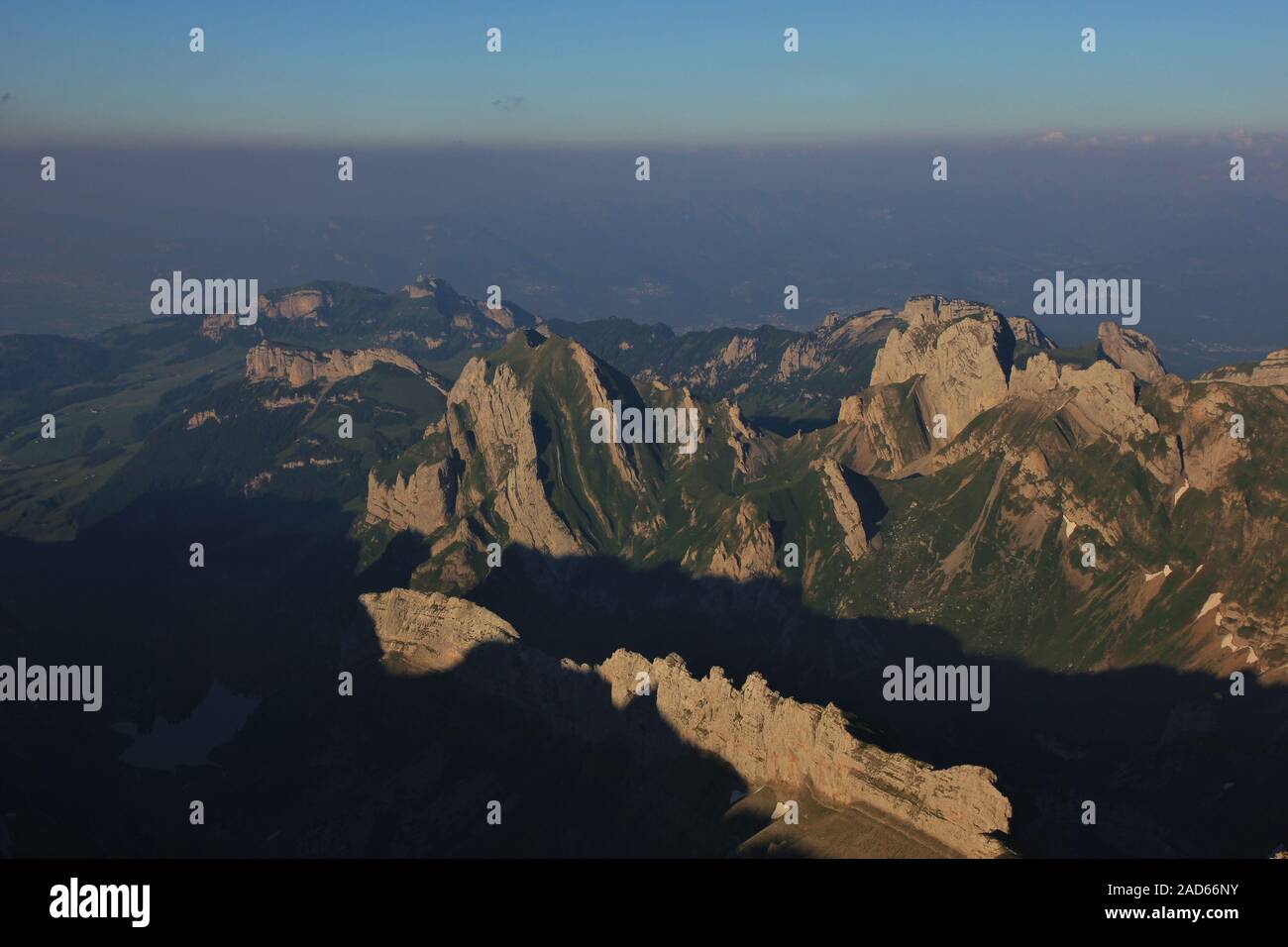 Mountains of the Alpstein Range seen from Mount Santis. Visible rock ...