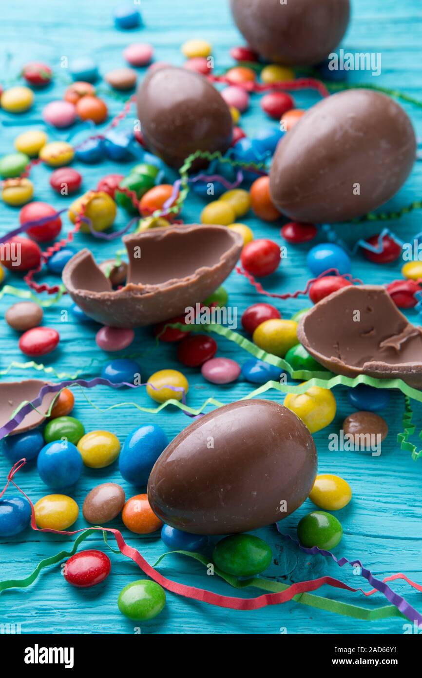 Colorful candy on blue table Stock Photo