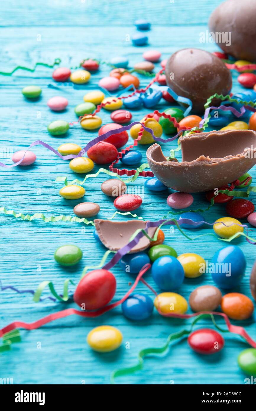 Colored candies and chocolate eggs Stock Photo