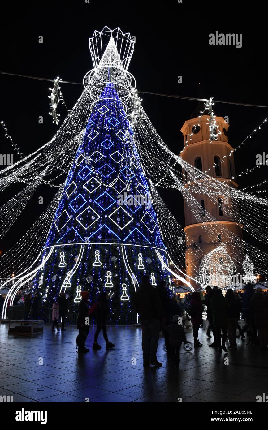 Beautiful Christmas tree decorated with white and blue