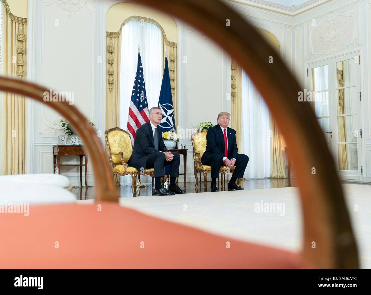 London, UK. 03 December, 2019. U.S. President Donald Trump holds a bilateral meeting with NATO Secretary General Jens Stoltenberg before the start of the NATO Summit at Winfield House December 3, 2019 in London, UK.   Credit: Shealah Craighead/Planetpix/Alamy Live News Stock Photo