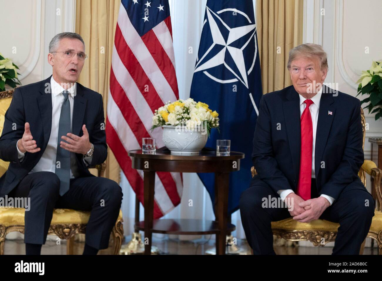 London, UK. 03 December, 2019. U.S. President Donald Trump holds a bilateral meeting with NATO Secretary General Jens Stoltenberg before the start of the NATO Summit at Winfield House December 3, 2019 in London, UK.   Credit: Shealah Craighead/Planetpix/Alamy Live News Stock Photo