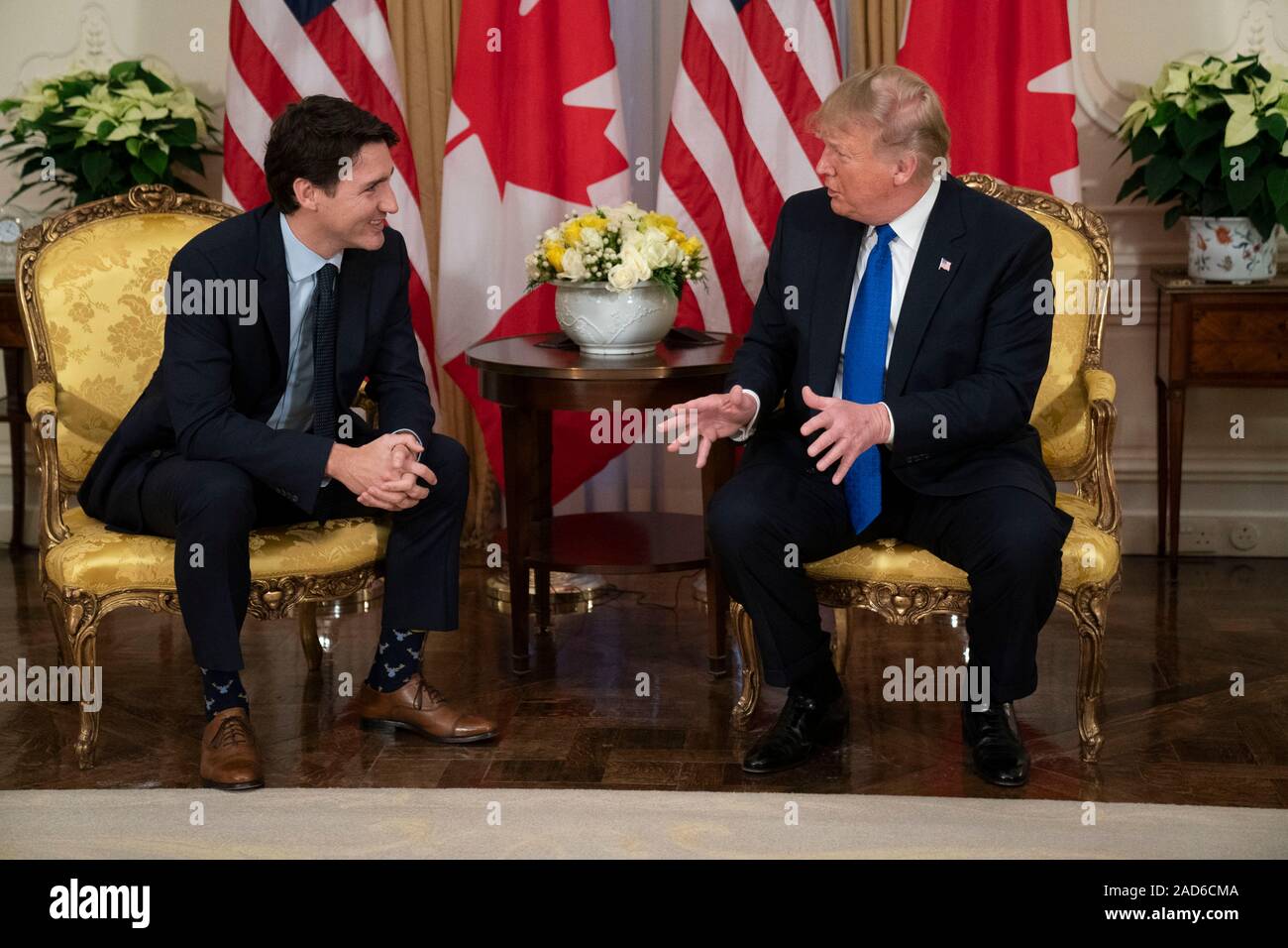 London, UK. 03 December, 2019. U.S. President Donald Trump and Canadian Prime Minister Justin Trudeau, left, hold a bilateral meeting prior to the start of the NATO Summit at Winfield House December 3, 2019 in London, UK.  Credit: Shealah Craighead/Planetpix/Alamy Live News Stock Photo