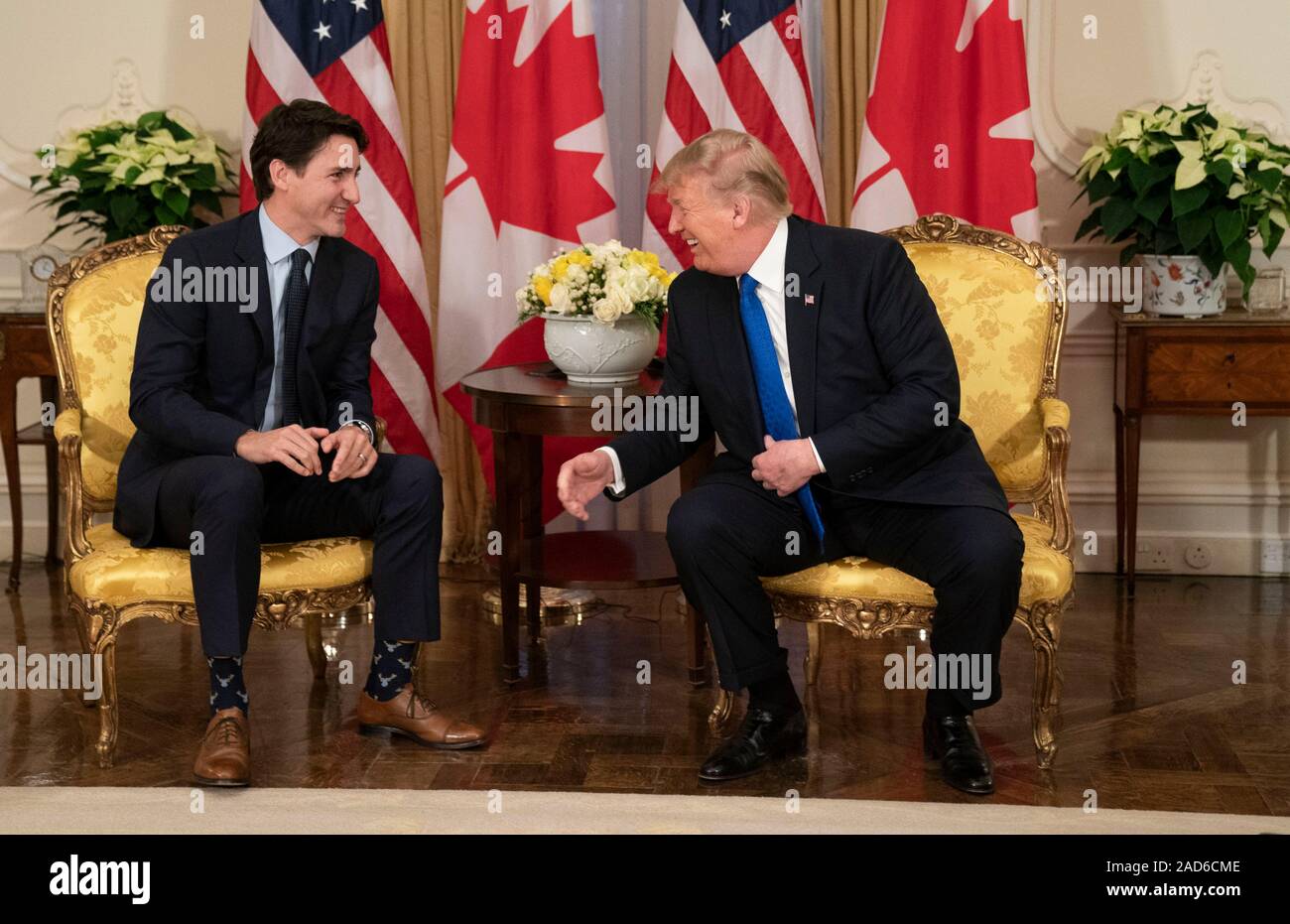 London, UK. 03 December, 2019. U.S. President Donald Trump and Canadian Prime Minister Justin Trudeau, left, hold a bilateral meeting prior to the start of the NATO Summit at Winfield House December 3, 2019 in London, UK.  Credit: Shealah Craighead/Planetpix/Alamy Live News Stock Photo