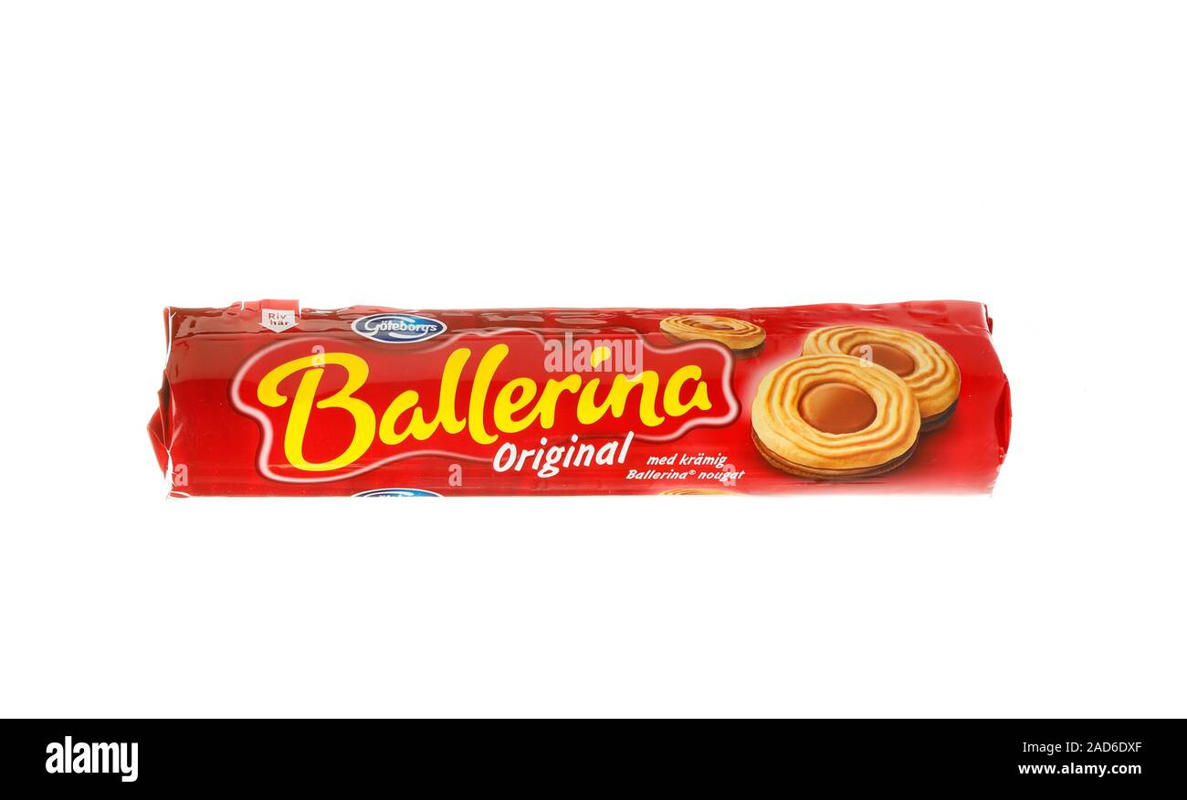 Stockholm, Sweden - November 26, 2019: A pakage of Goteborgs Kex Ballerina.  Swedish biscuits with a nougat filling on white background Stock Photo -  Alamy