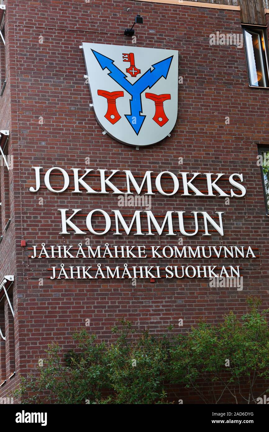 Jokkmokk, Sweden - August 21, 2019: Close up of the sign located on city hall wall. Stock Photo