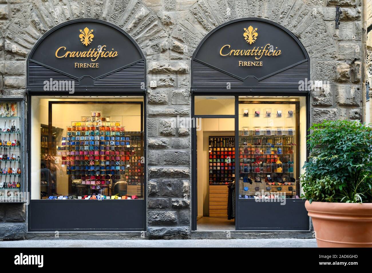 Exterior of a silk ties shop with arched shop windows in the historic centre of Florence, Tuscany, Italy Stock Photo