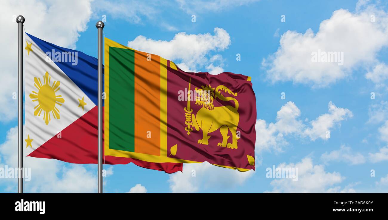 Philippines and Sri Lanka flag waving in the wind against white cloudy ...