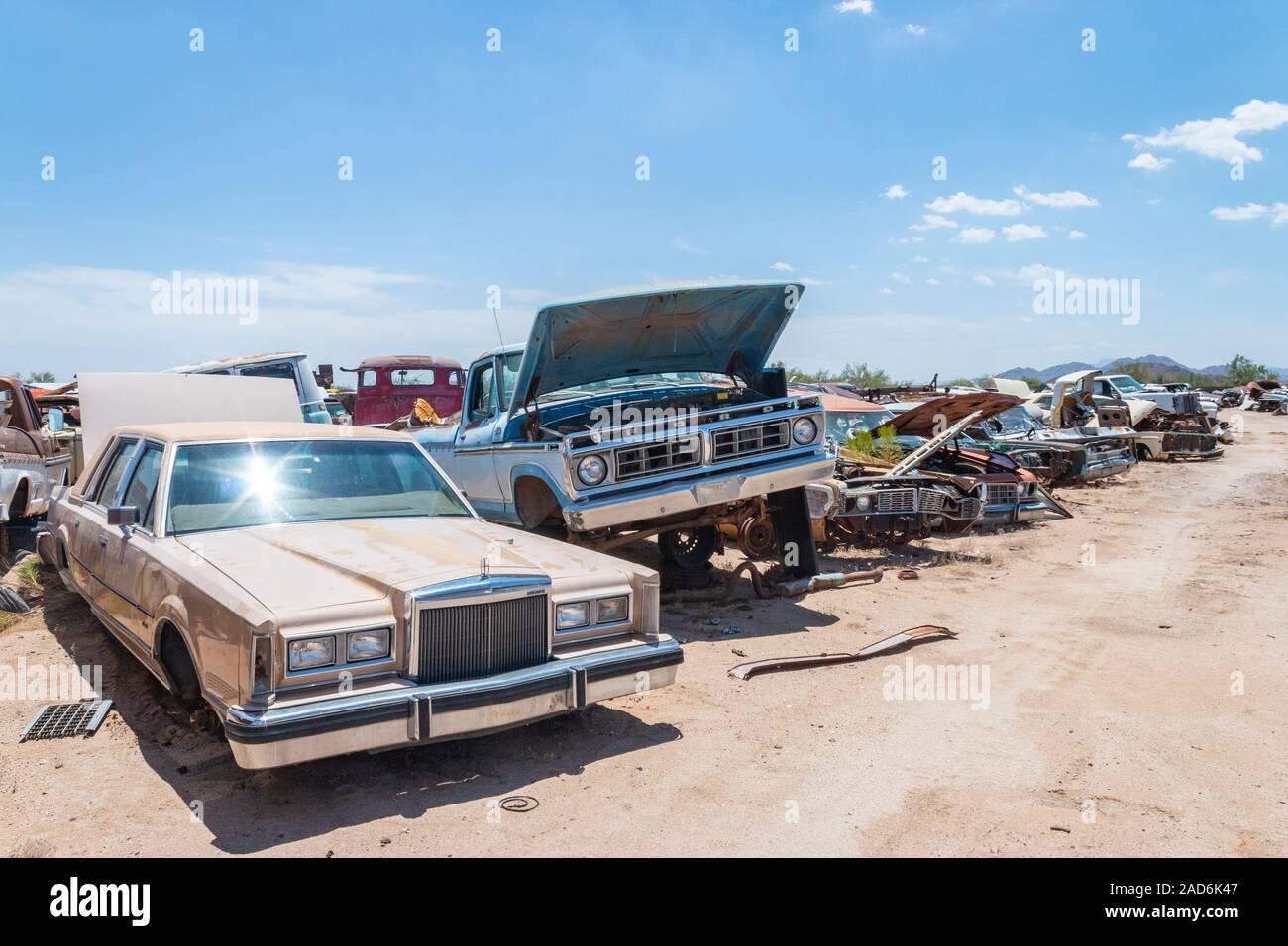 Rusty Old Lincoln Car And Ford Truck In A Junk Yard In The