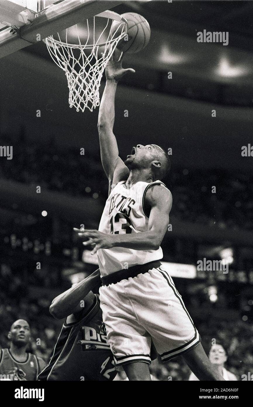 Boston Celtics #13 Todd Day scores in basketball game action against the Detroit Pistons at the Fleet Center in Boston Ma USA nov 11, 1996 photo by bill belknap Stock Photo