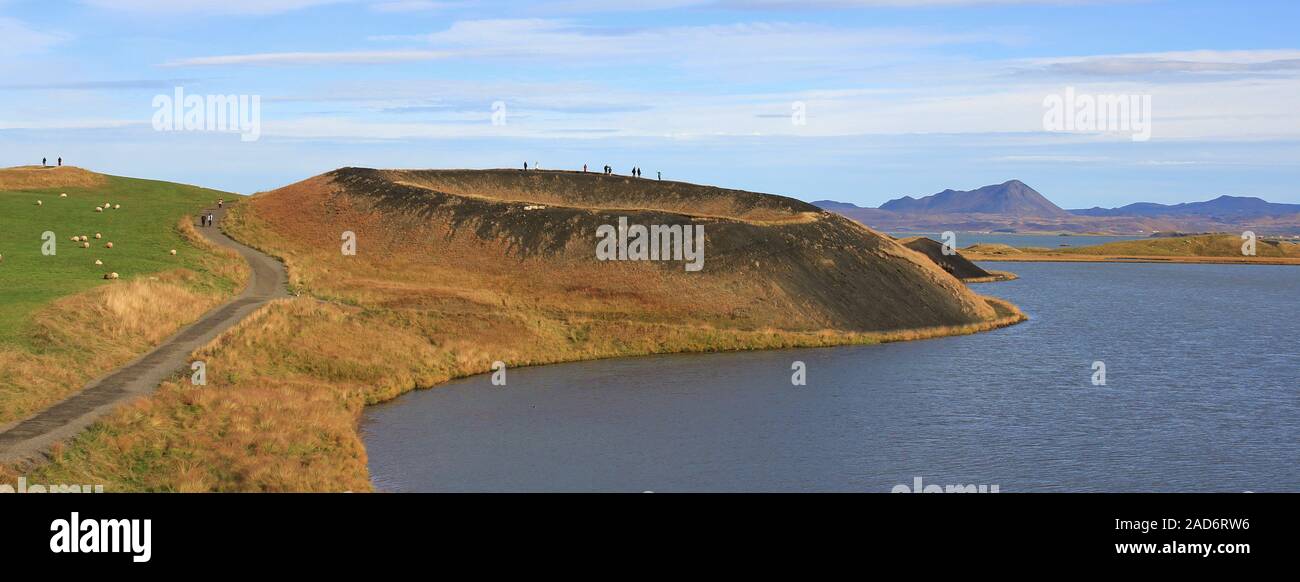 Skutustadagigar, volcanic pseudocraters at lake Myvatn, Iceland. Late summer day. Stock Photo