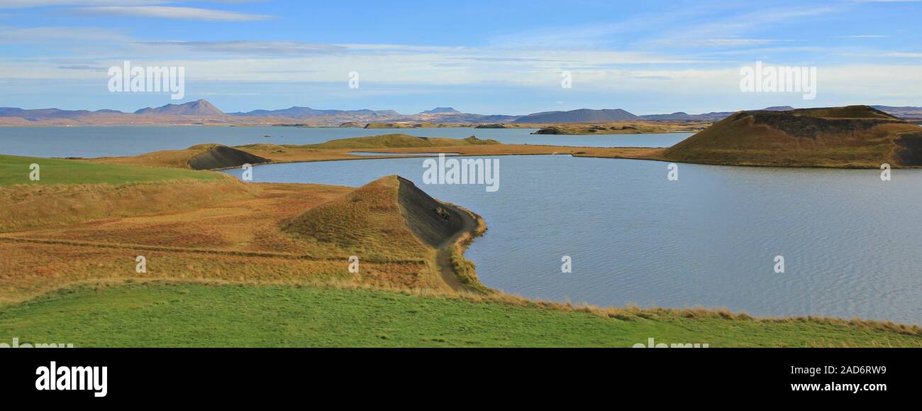 Lake Myvatn on a sunny summer day. Volcanic landscape in Iceland. Stock Photo