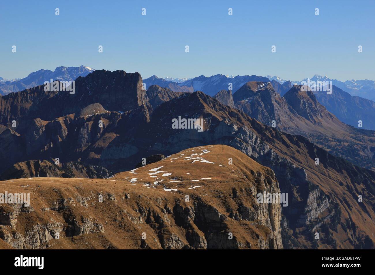 Peak of the Churfirsten range and mount Grosser Speer. View from Chaeserrugg. Stock Photo