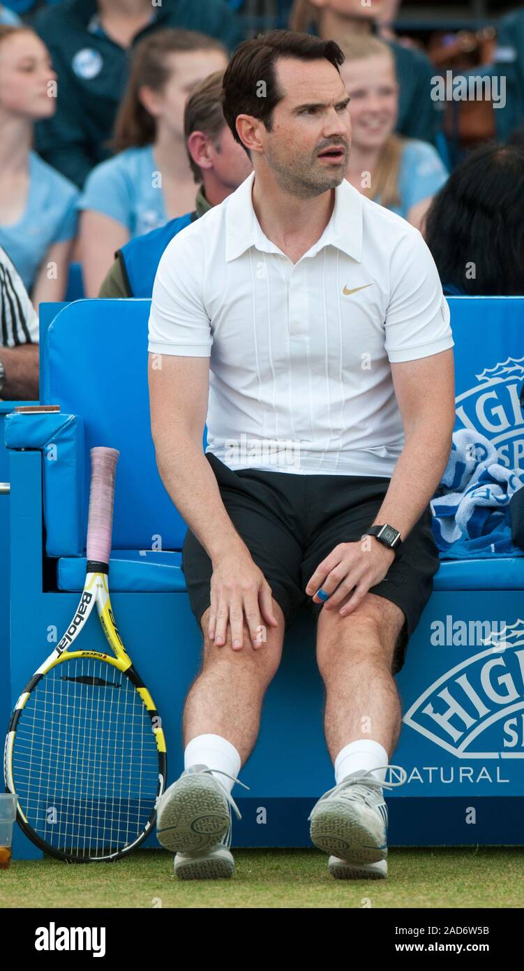 Jimmy Carr appearing in a charity tennis tournament at Queen's tennis club in London with Andrew Murray, Michael McIntyre, Boris Johnson, Jonathan Ross and Sir Richard Branson on behalf of the Ross Hutchins and Royal Marsden cancer charity in 2013. Stock Photo
