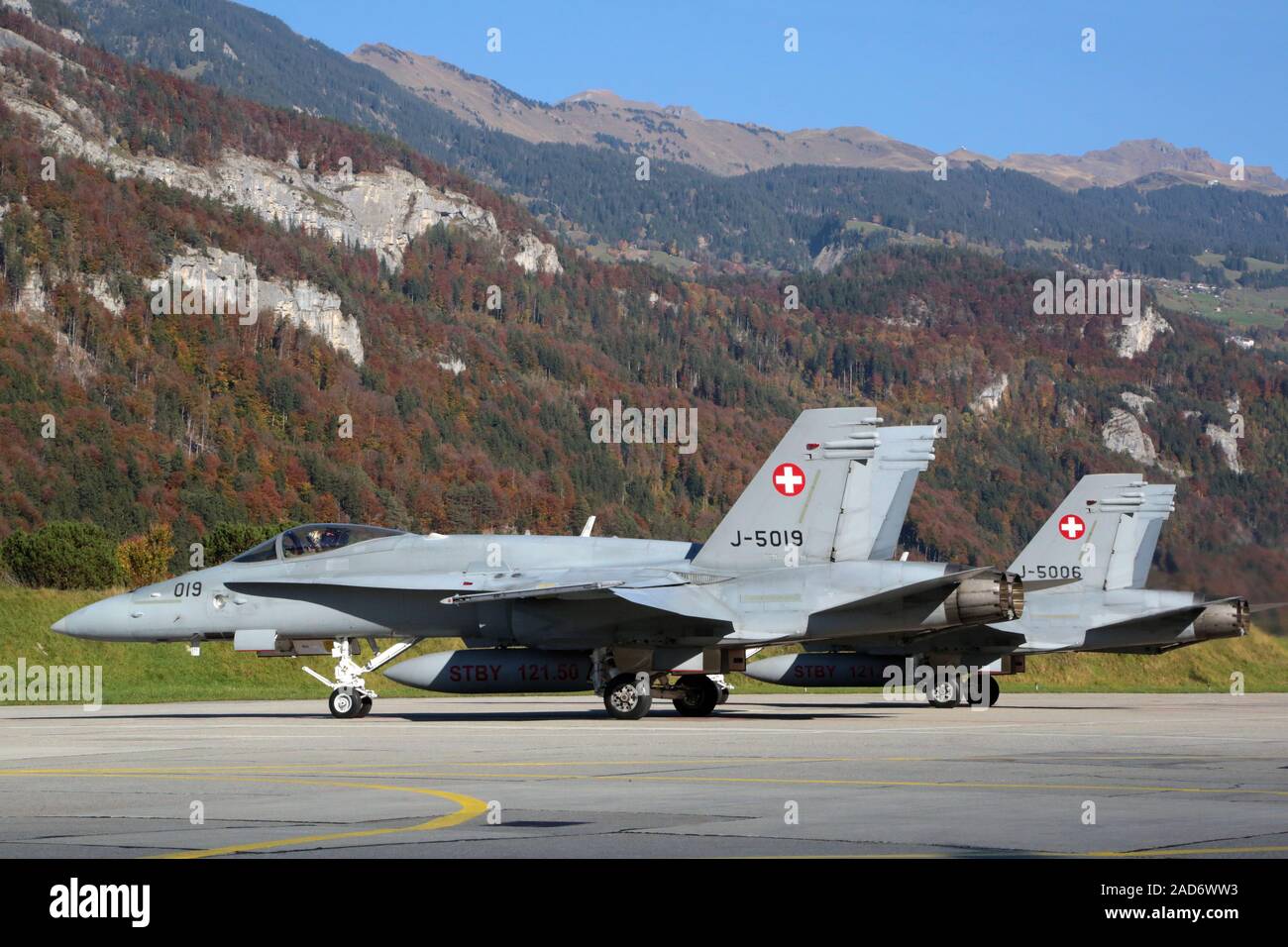 Meiringen, two McDonell Douglas F/A-18 Hornet jets are ready to go Stock Photo