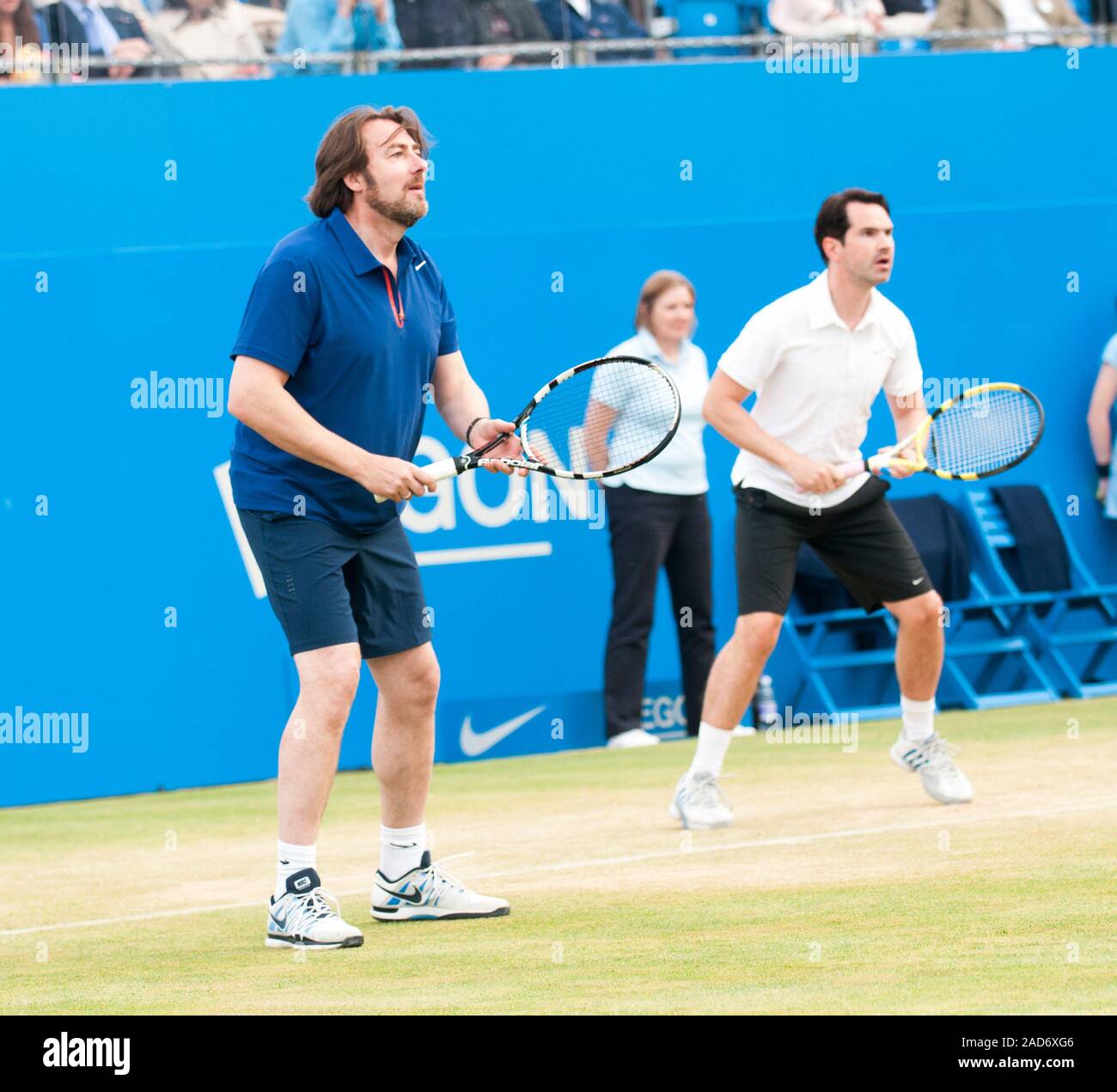 Jonathan Ross and Jimmy Carr appearing in a charity tennis tournament at Queen's tennis club in London with Andrew Murray,  Jimmy Carr, Boris Johnson, Eddie Redmayne and Sir Richard Branson on behalf of the Ross Hutchins and Royal Marsden cancer charity in 2013. Stock Photo