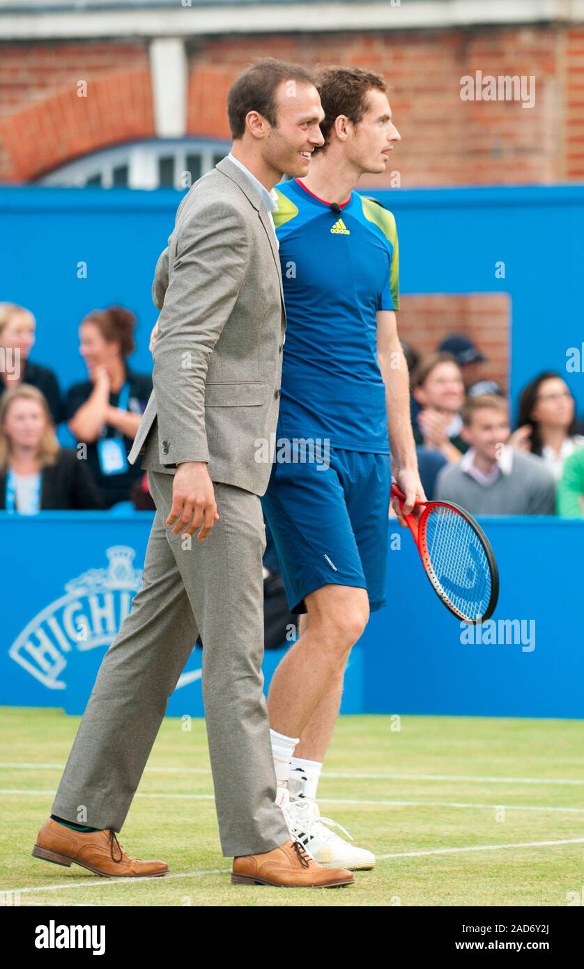 Ross Hutchins with Andy Murray appearing in a charity tennis tournament at  Queen's tennis club in London Michael McIntyre, Jimmy Carr, Jonathan Ross,  Boris Johnson and Sir Richard Branson on behalf of