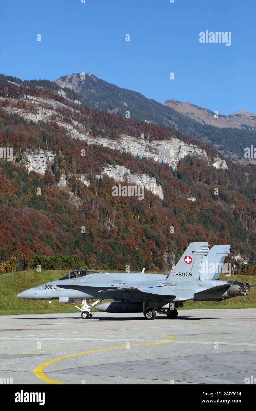 Starting fighter aircraft McDonnell Douglas F/A-18 Hornet at Meiringen Military Air Base (LSMM) Stock Photo