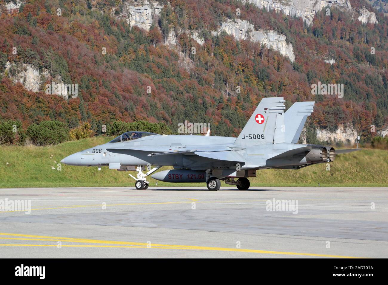 Ready to take off, jet McDonnell Douglas F/A-18 Hornet at Meiringen Military Air Base (LSMM) Stock Photo