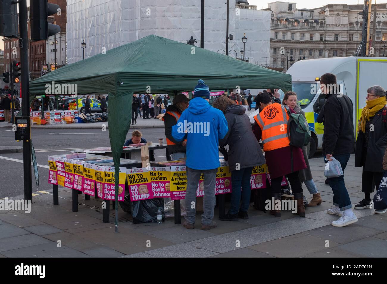 Anti-Trump demonstration being set up in Trafalgar Square, London during Nato summit 2019 Stock Photo