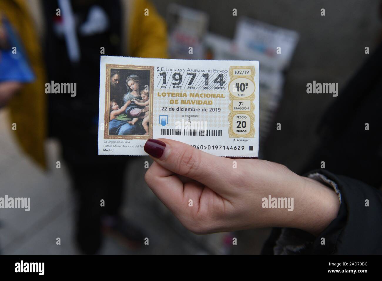 A spanish Christmas El Gordo lottery ticket seen in Madrid.The famous draw 'El Gordo' would be celebrated on December 22, 2019. More than 2.3 billion euros ($3 billion) in prizes would be distributed. Stock Photo