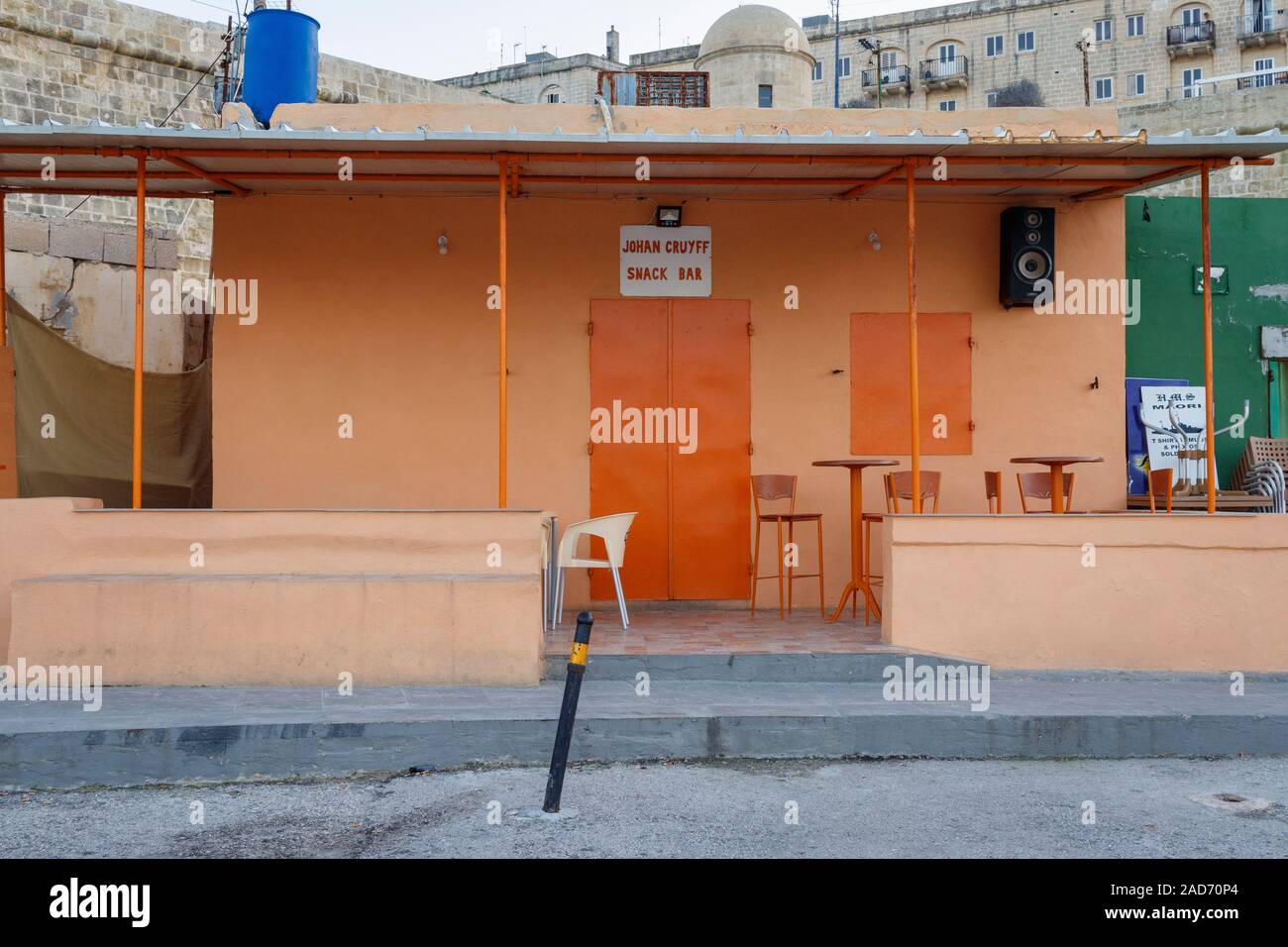 The Johan Cruyff Snack Bar at the fishermans wharf in Valletta, Malta. Exrenal view. Stock Photo