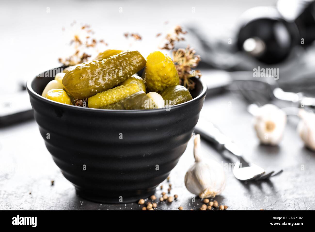 Pickled cucumbers, small marinated pickles, gherkins Stock Photo