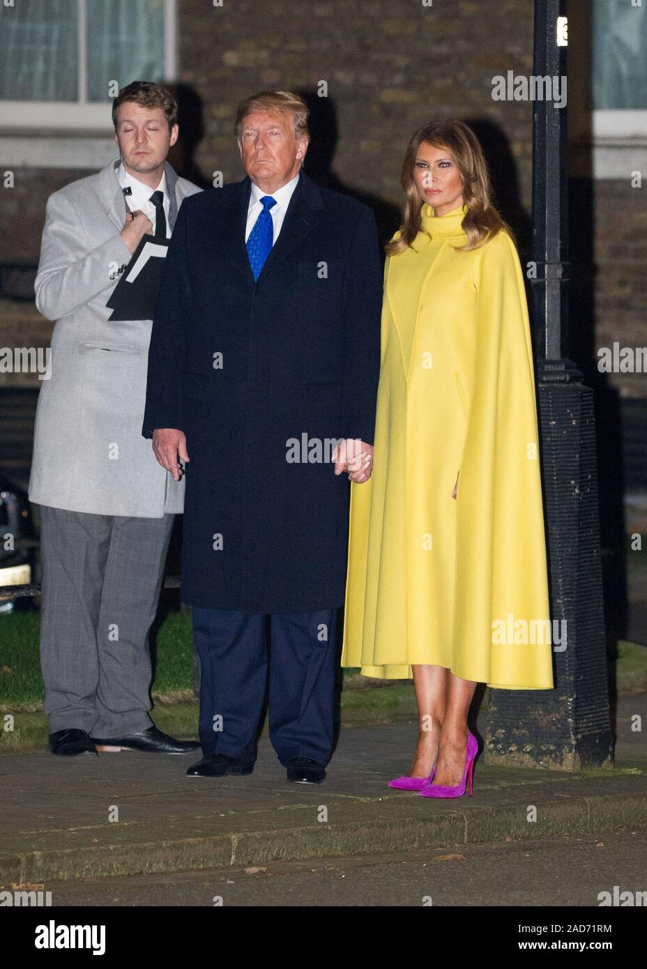 London, UK. 3 December 2019.  Pictured: (centre) Donald J Trump - 45th President of the United Starts of America, (right|) Melania Trump - First Lady. Boris Johnson, UK Prime Minister hosts a reception with foreign leaders ahead of the NATO (North Atlantic Treaty Organisation) meeting on the 4th December. Credit: Colin Fisher/Alamy Live News Stock Photo