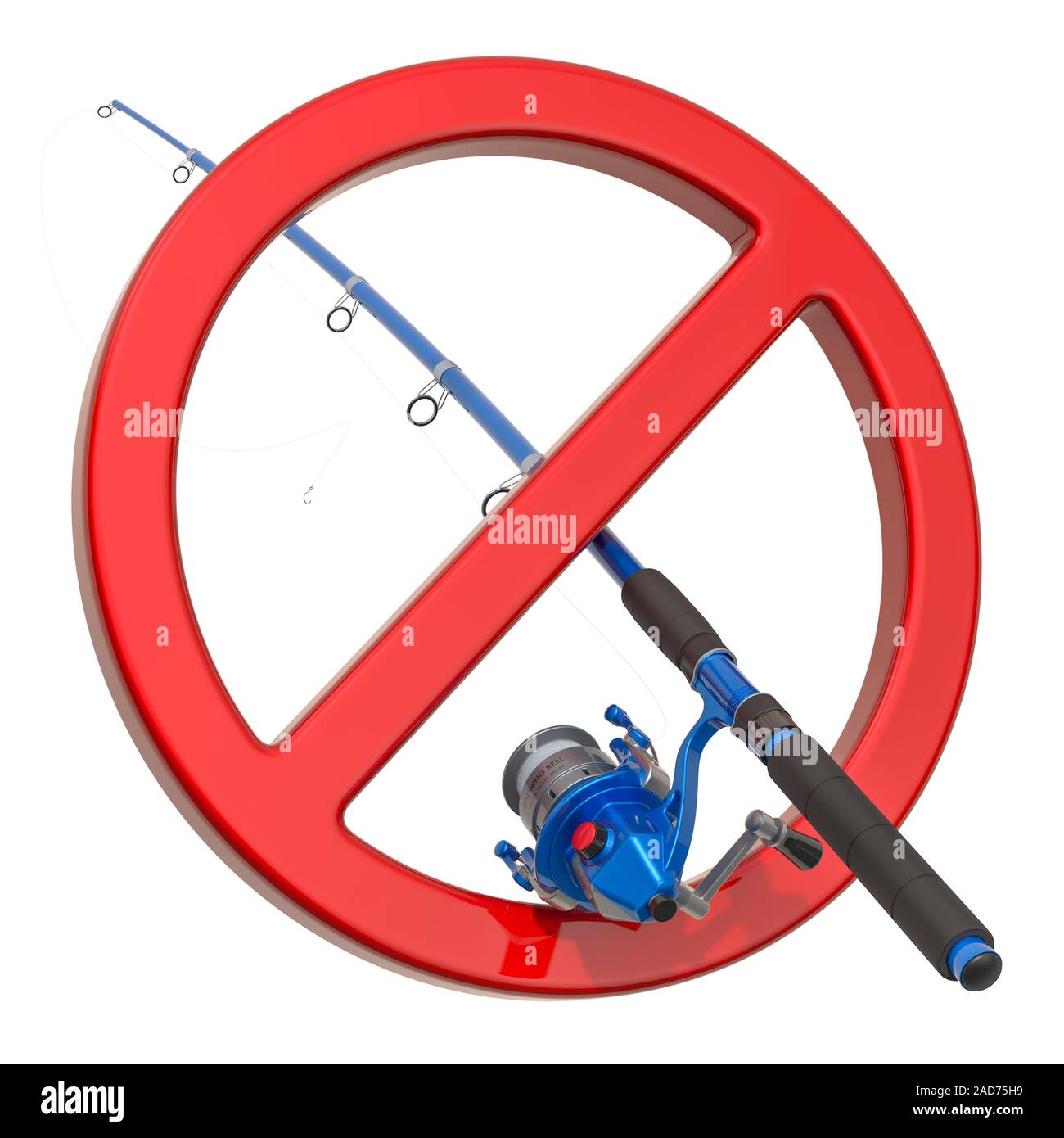 Fishing rod with forbidden symbol. No Fishing sign, 3D rendering