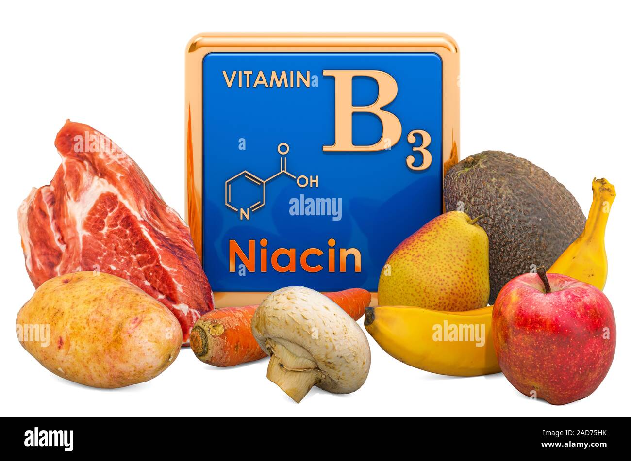 Foods Highest in Vitamin B3, Niacin. 3D rendering isolated on white