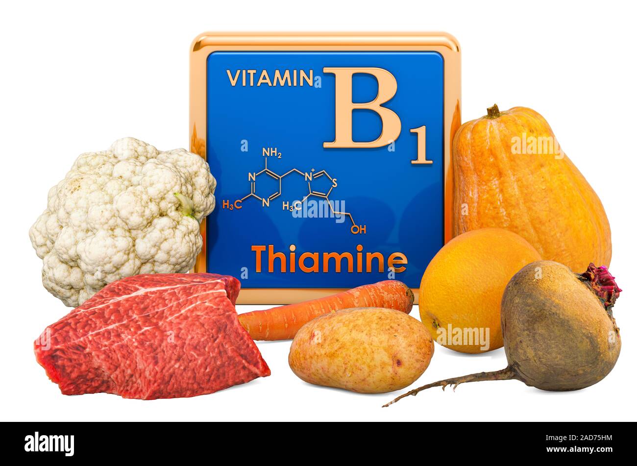 Foods Highest in Vitamin B1, Thiamin. 3D rendering isolated on white ...