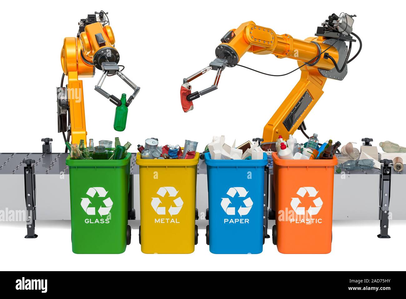 Robotic arms sorting garbage, automatic sorting of trash. 3D rendering