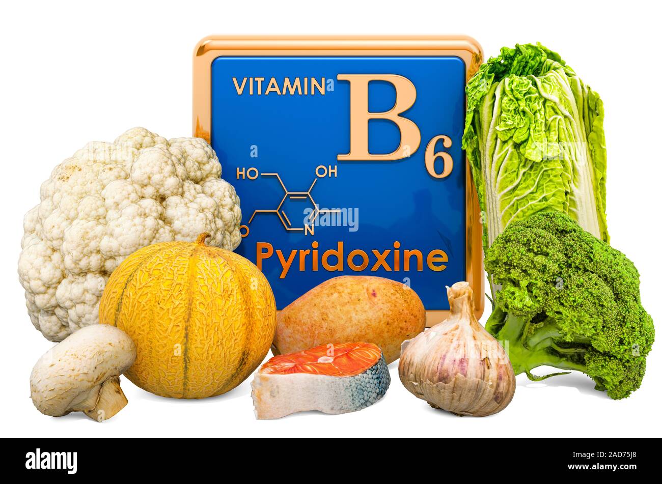 Foods Highest in Vitamin B6, Pyridoxine. 3D rendering isolated on white