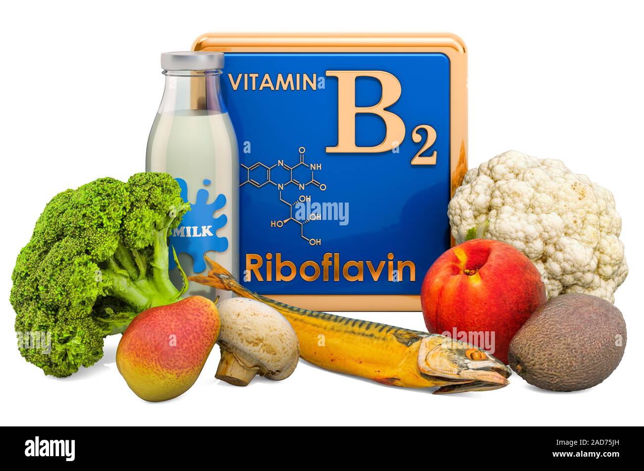 Foods Highest in Vitamin B2, Riboflavin. 3D rendering isolated on white
