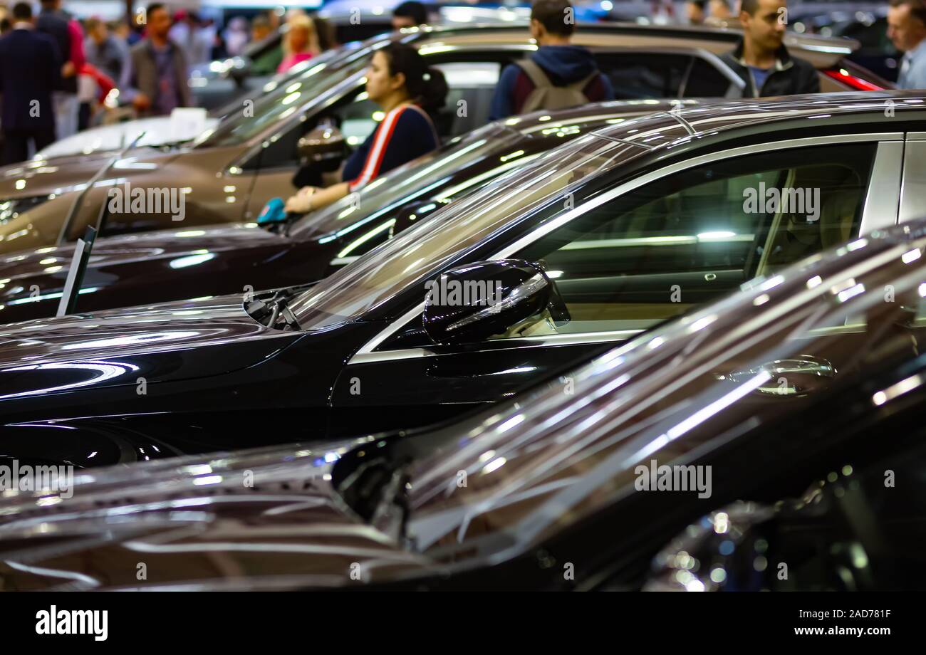 Bucharest, Romania - October 12, 2019: The shiny hoods of several cars are seen during Bucharest Auto Show, in Bucharest, Romania. This image is for e Stock Photo