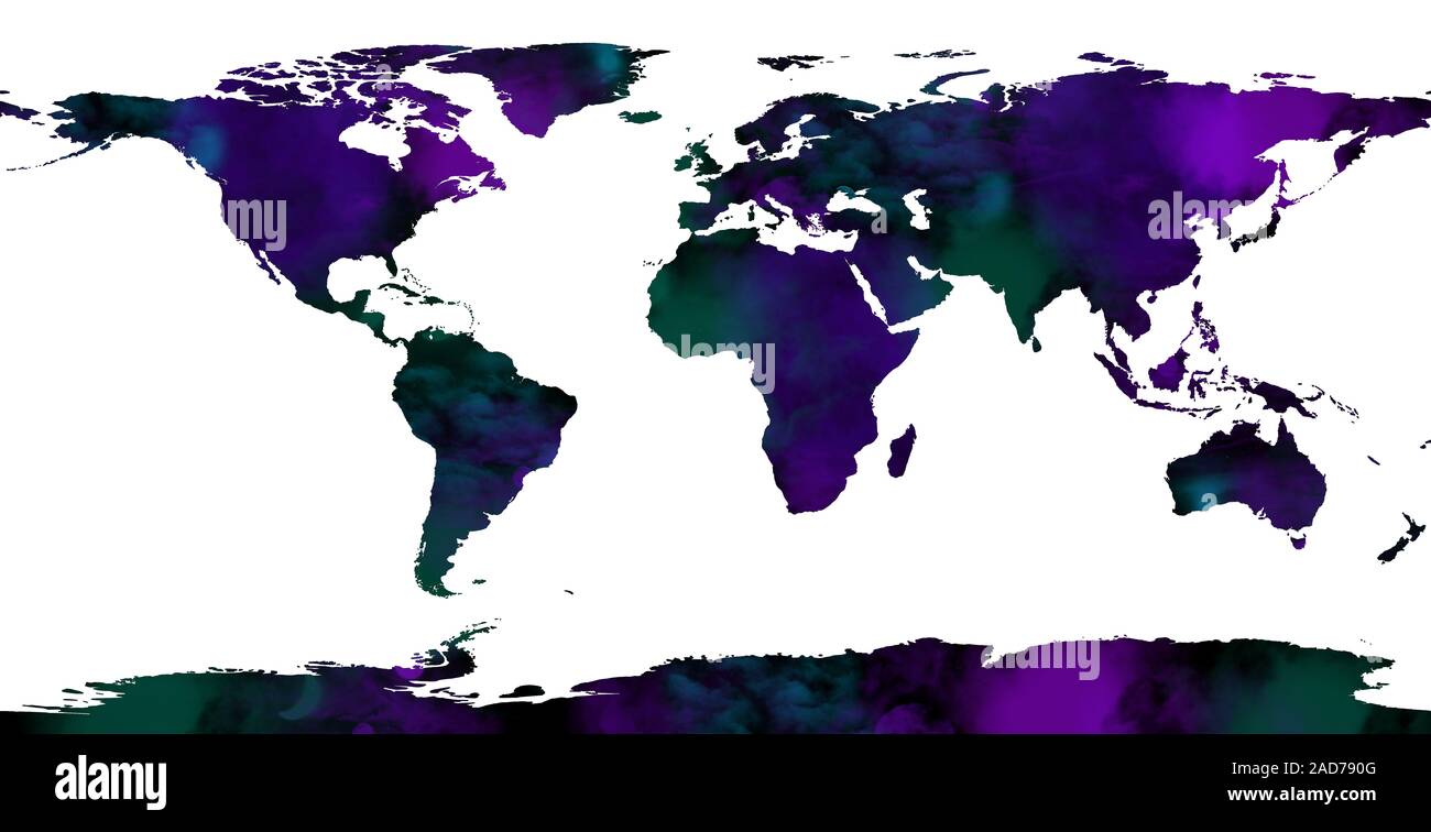 Abstract world map, boundaries of all continents filled with purple and green northern lights Stock Photo