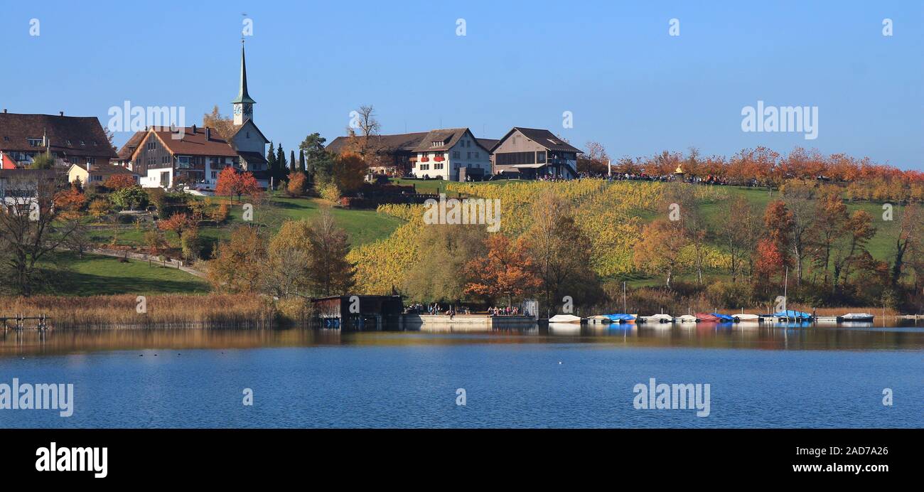Idyllic village Seegraben in autumn. Fishing boats on lake Pfaffikersee. Colorful trees and fields. Stock Photo