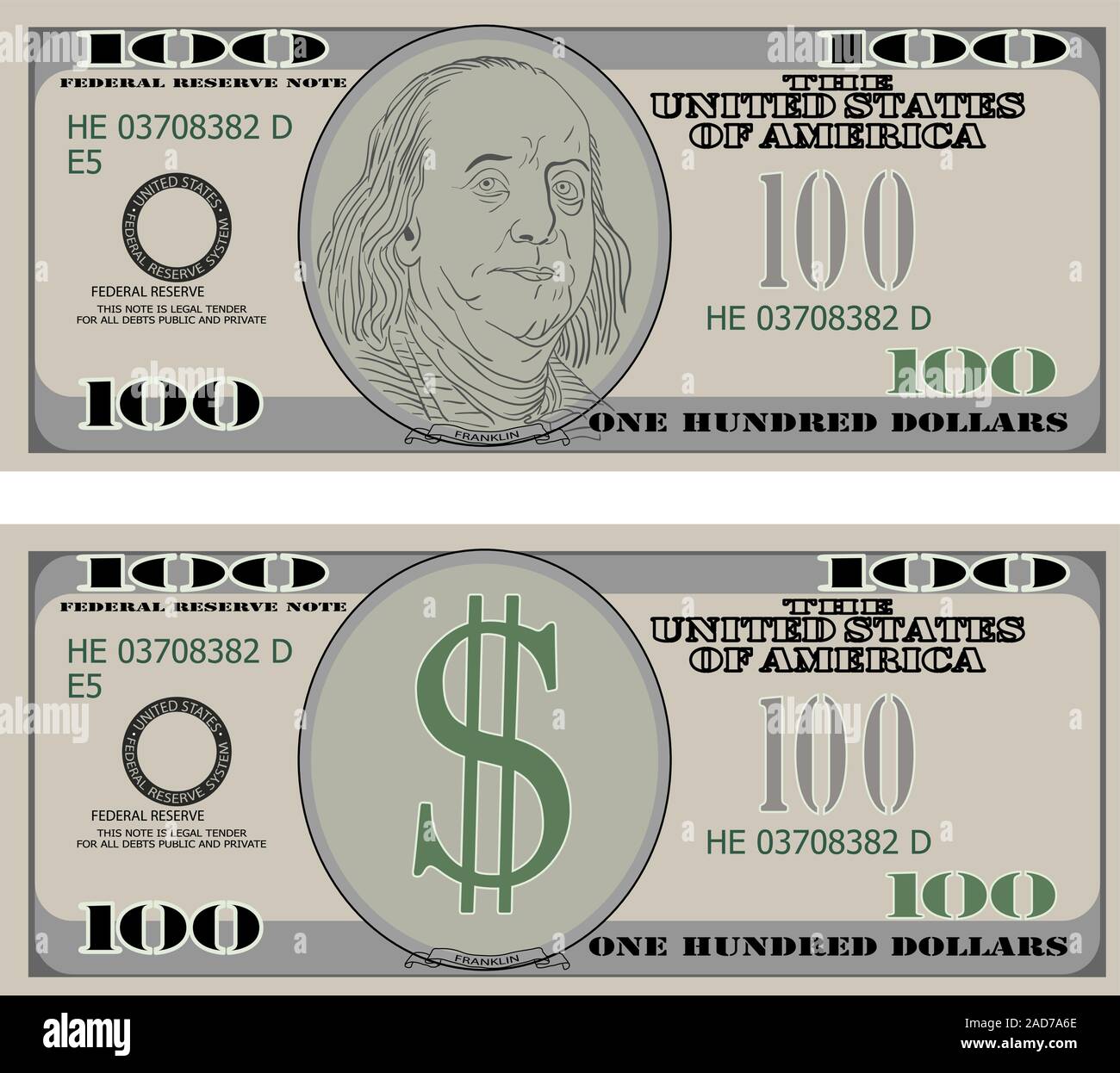 Hundred dollar bank notes. Vector illustration. Stock Vector