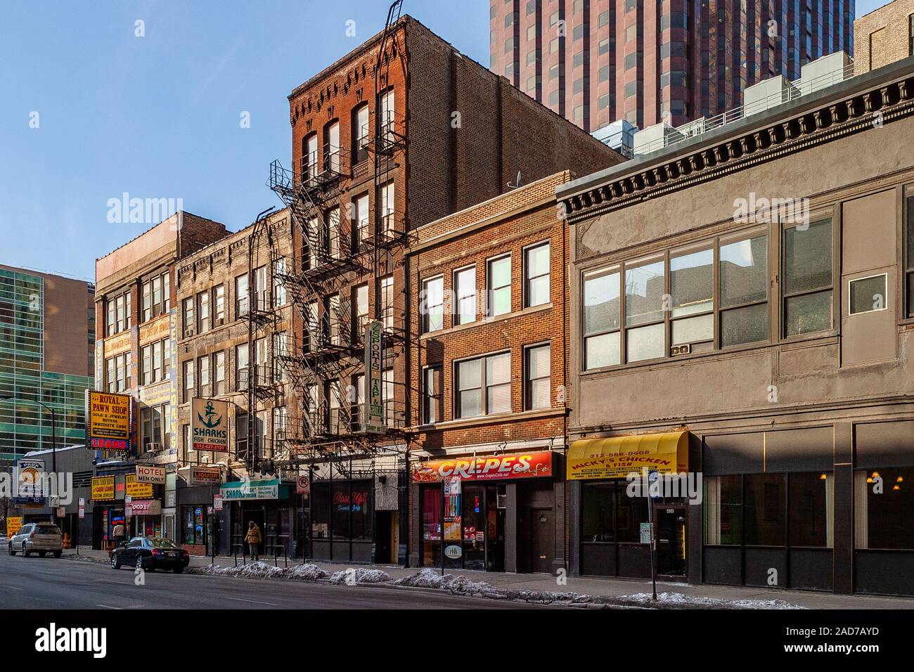 South Clark street vintage buildings downtown Chicago Stock Photo