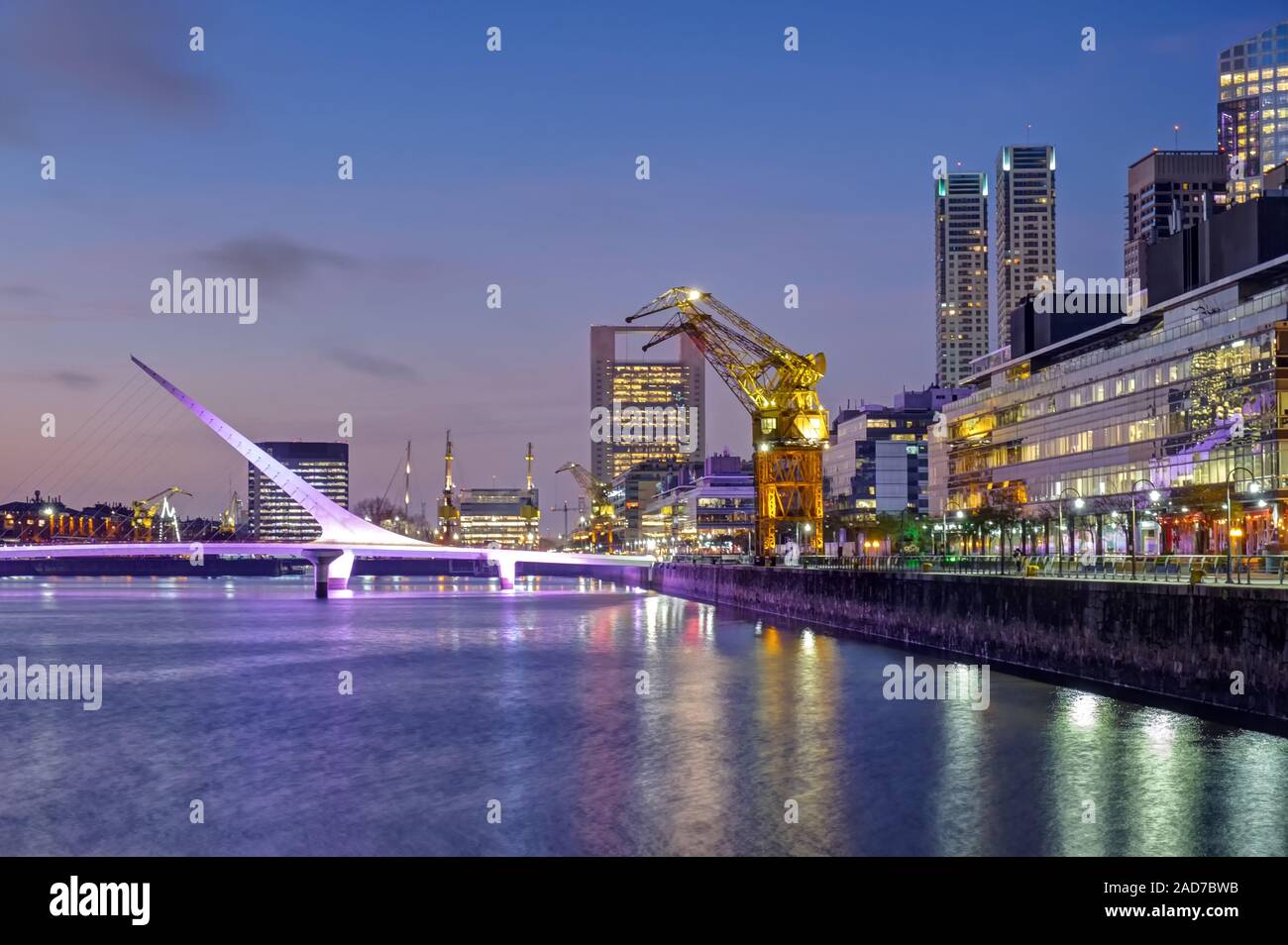 Puerto Madero and the Puente de la mujer in Buenos Aires, Argentina, after sunset Stock Photo