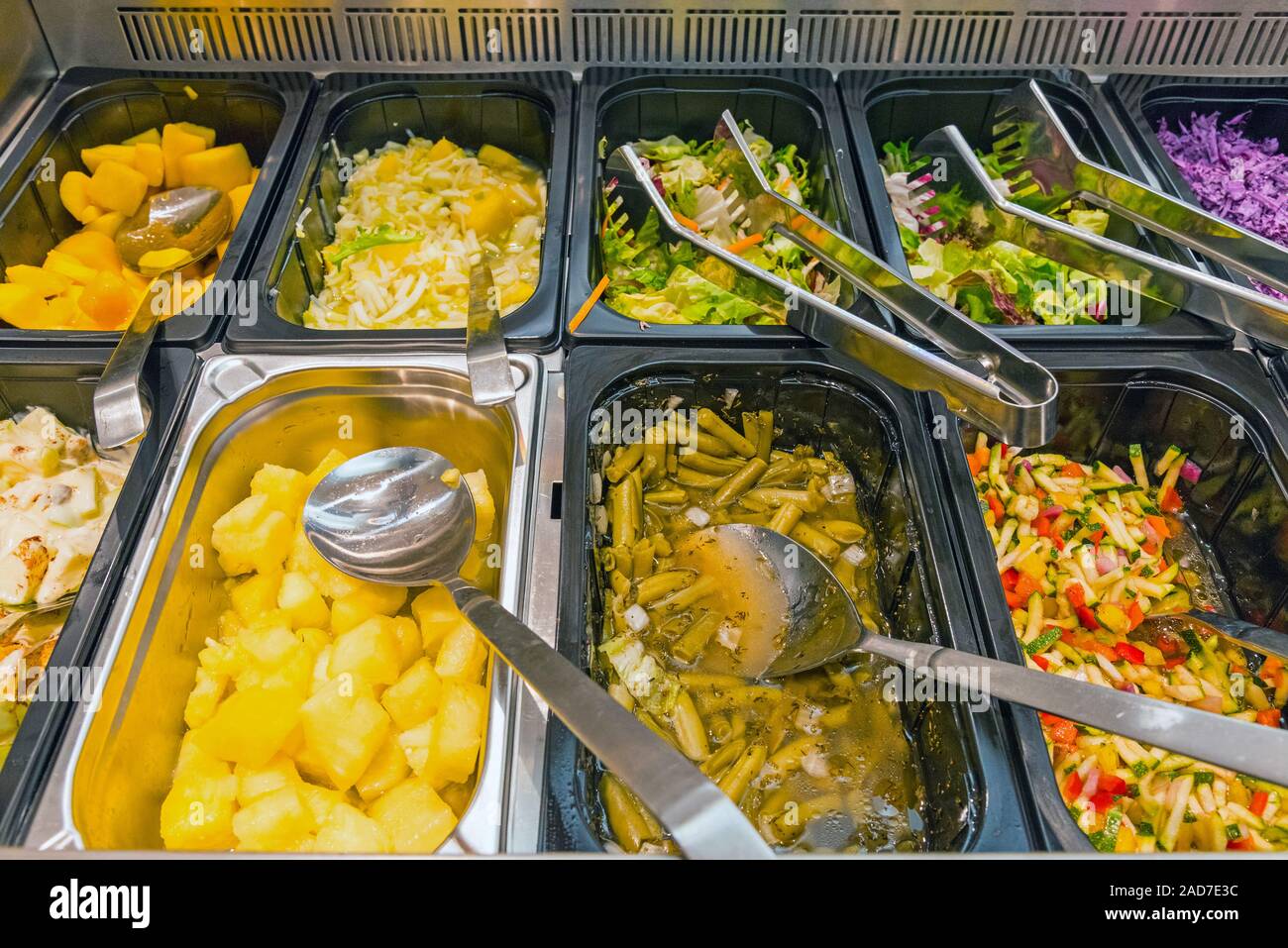 Tasty salads at a buffet in a restaurant Stock Photo