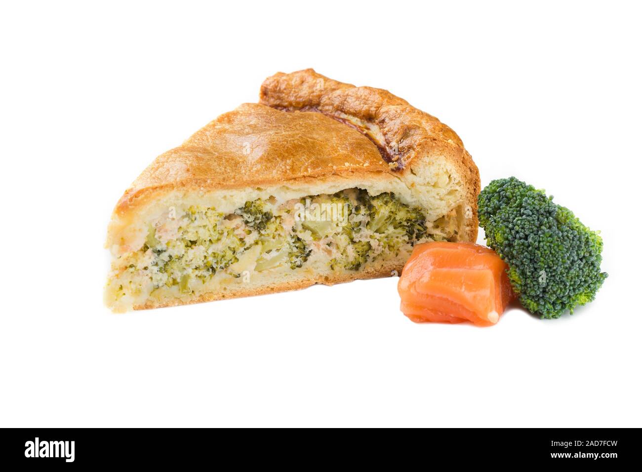 Pie with fish and broccoli. Isolated on white background Stock Photo